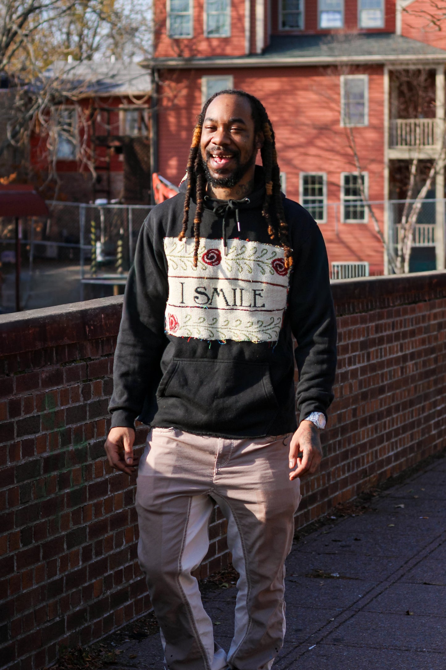 "I smile, I laugh" One-of-a-kind Upcycled Tapestry Hoodie