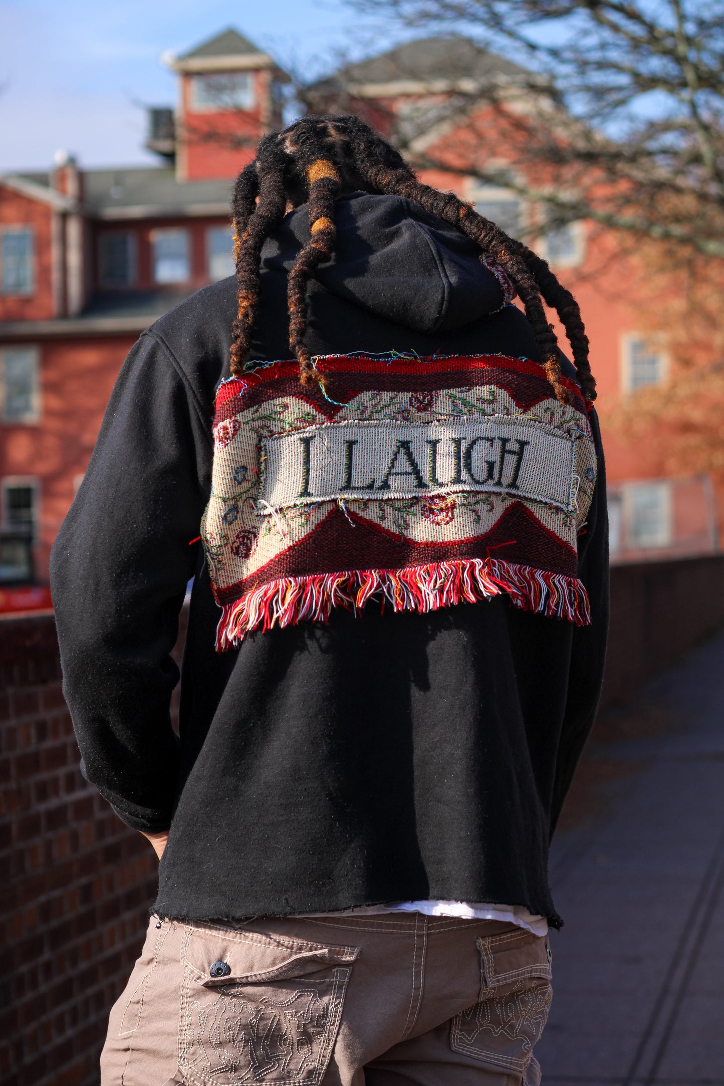 "I smile, I laugh" One-of-a-kind Upcycled Tapestry Hoodie