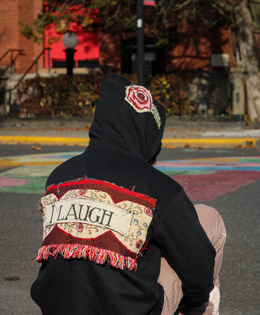 "I smile, I laugh" One-of-a-kind Upcycled Tapestry Hoodie