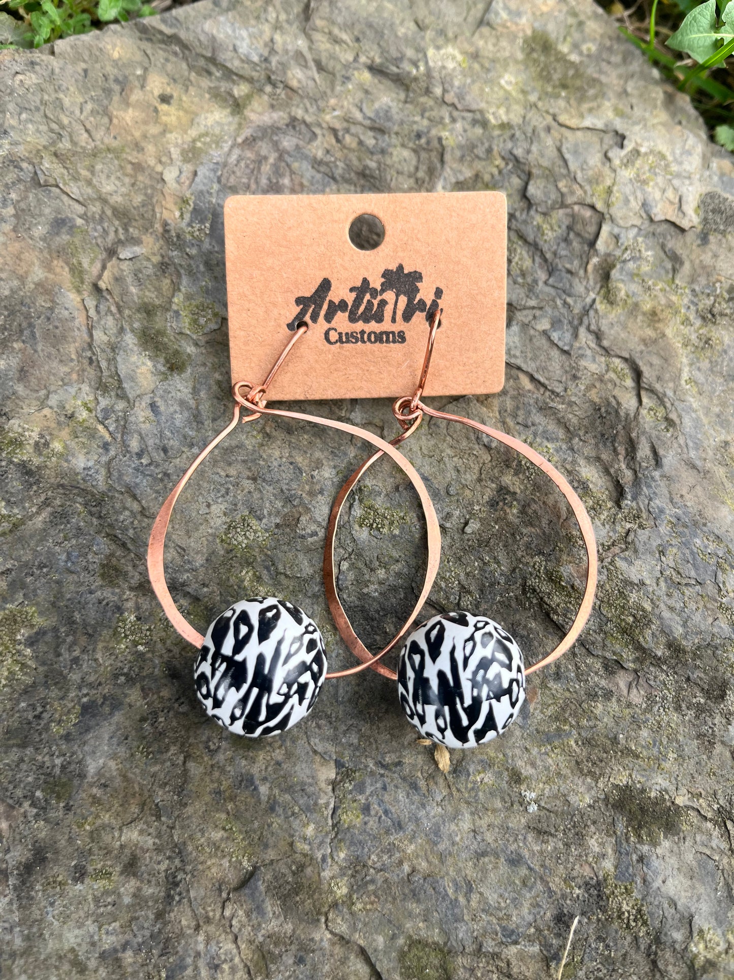 Copper hoop earrings with painted wood bead