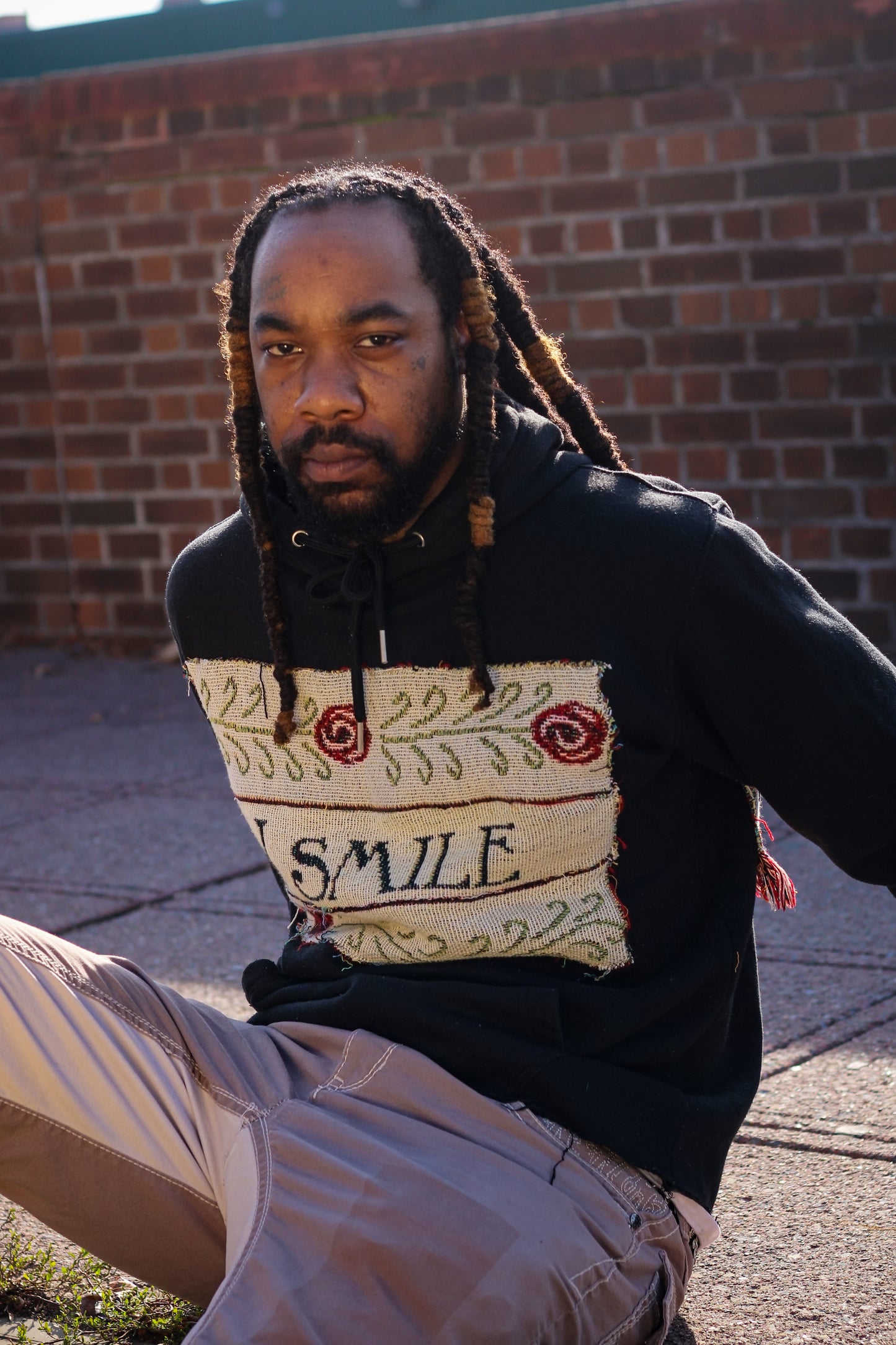 "I smile, I laugh" One-of-a-kind Upcycled Tapestry Hoodie